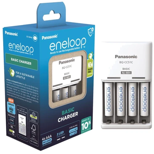 Panasonic Basic Charger BQ-CC51 + Eneloop 4xAAA 800 mAh plastic free pack (K-KJ51MCD04E)
