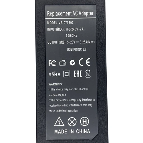 Зарядний пристрій Lenovo 65W 20V 3.25A USB Type-C VB-074260 OEM (79697): Потужність 65 Вт
