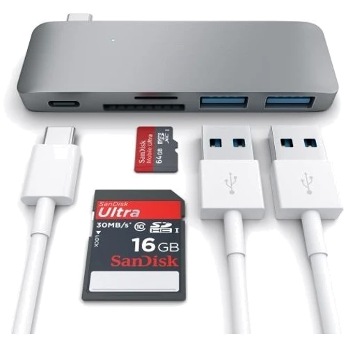 Адаптер Satechi Adapter Passthrough USB-C to USB-C+micro SD+SD+2xUSB3.0 Space Gray (ST-TCUPM): Дополнительные разъемы USB OTG, SD+TF Card, USB-C