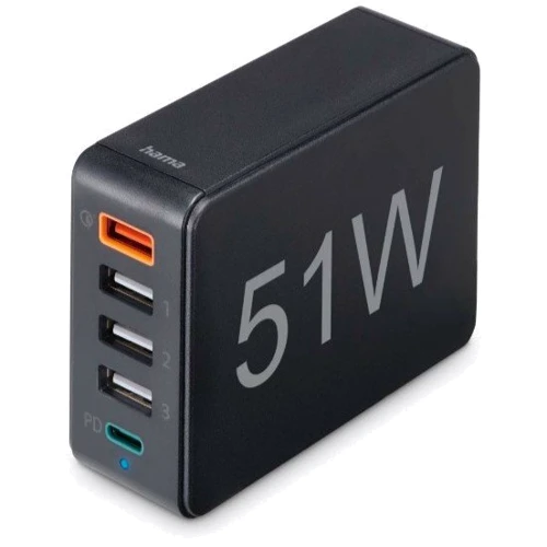 Зарядное устройство Hama Wall Charger 4хUSB+USB-С 51W Black (00201630): Тип сетевое
