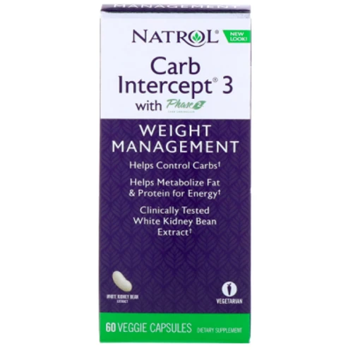 Natrol Carb Intercept 3 with Phase 2 Carb Controller 60 Veggie Caps Перехватчик углеводов 3 с фазой 2