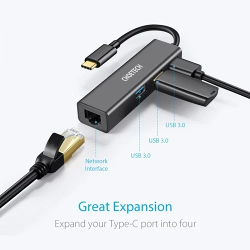 Адаптер Choetech Adapter 4-in-1 USB-C to 3xUSB3.0+RJ45 Black (HUB-U02-BK): Колір серый