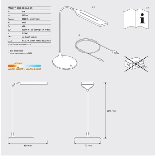 Лампа настольная светодиодная LEDVANCE LED PANAN DISC 5W 3000K: Тип источника освещения Светодиодная лампа LED