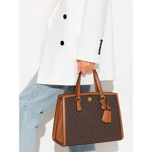Женская сумка тоут Michael Kors CHANTAL MD SATCHEL темно-коричневая (30F2G7CS2B252): Тип ручки С двумя ручками, Короткая ручка, Плечевой ремень, Со съемным ремнем, На цепочке