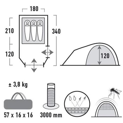 Палатка High Peak Kira 3.0 (Nimbus Grey): Материал тента 190T Polyester Alu UV Protect 8