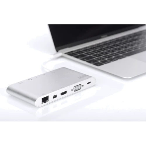 Адаптер Digitus Adapter USB-C to USB-C + VGA + 3xUSB 3.0 + HDMI + RJ45 + MiniDP Silver (DA-70861): Колір сріблястий
