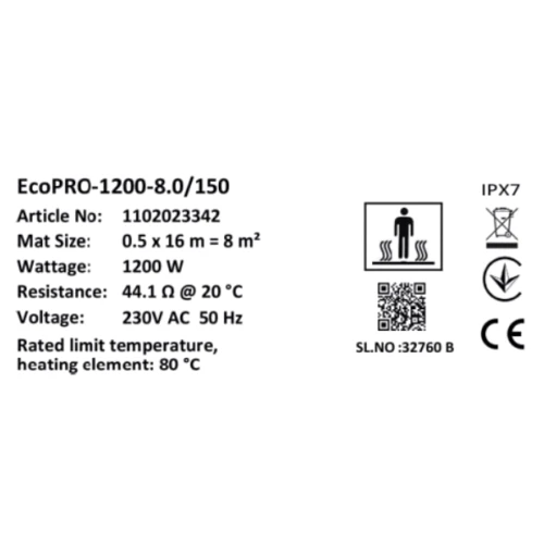 Мат нагревательный Warmstad Max EcoPRO-1200-8.0/150 W/m2: Длина, м 16