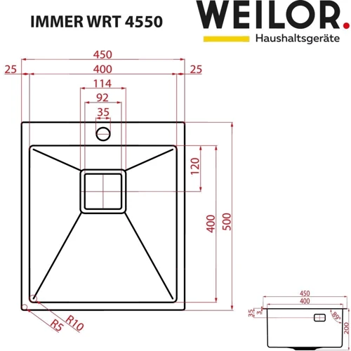 Weilor IMMER WRT 4550: Габариты чаши (ШxГxВ), см 40/40/20