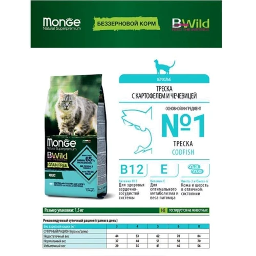 Сухой корм беззерновой Monge Cat Bwild Grain Free со вкусом трески 1.5 кг (70012058): Порода Все породы