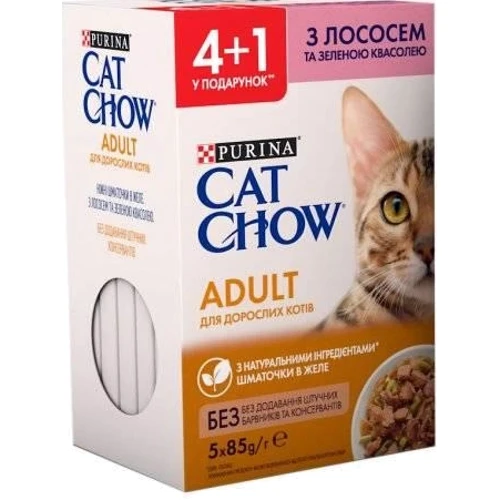 Влажный корм Cat Chow Adult для взрослых котов кусочки в желе с лососем и зеленой фасолью 5x85 г (7613036938310)