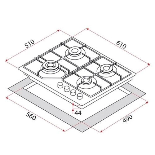 Варочная поверхность газовая Perfelli HGM 61624 WH: Расположение панели Фронтальное