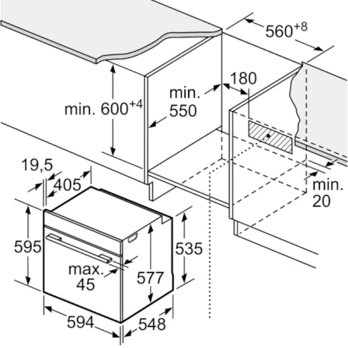 Духова шафа електрична Bosch HMG776NB1: Розміри 59.5x59.5x54.8 см