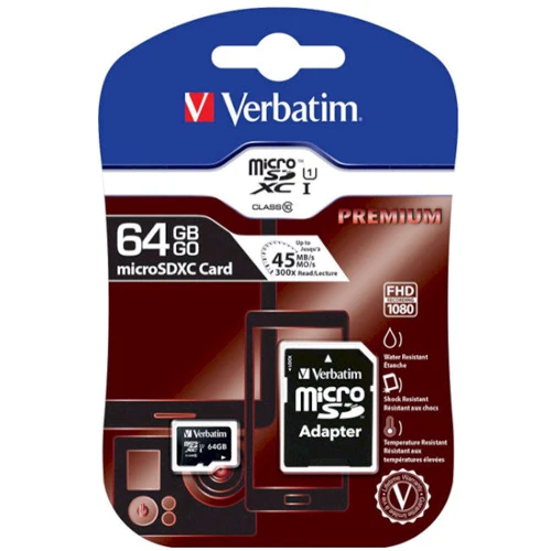 Карта пам'яті Verbatim 64GB microSDXC Class 10 UHS-I U1 V10 Premium + adapter (44084): Тип карти MicroSDXC