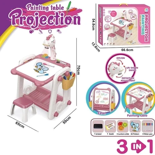 Столик для творчества с проектором 3в1: стульчик, звук, маркеры, губка, диски, розовый (YM 58)