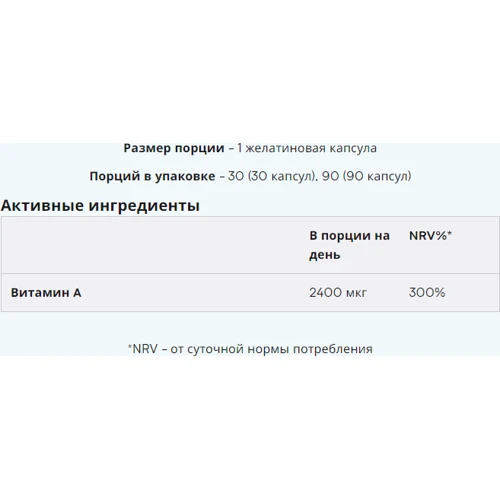 Myprotein Retinol 90 softgels Вітамін А 90 капсул: Тип Витамин A