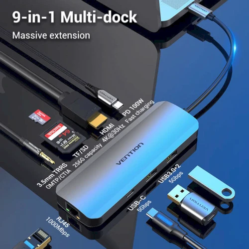 Адаптер Vention Adapter USB-C to HDMI+2xUSB3.0+RJ45+USB-C+SD/TF+3.5mm+PD 100W (TOMHB): Колір серебристый