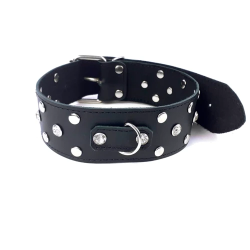 Ошейник из натуральной кожи с заклепками и стразами Art of Sex - Jenna Collar, черный