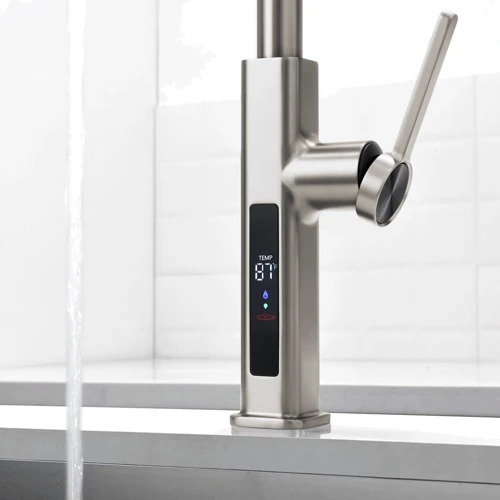 Смеситель для кухни Lefton Waterfall & Pull-Out Kitchen Faucet with Temperature Display-KF2209 Brushed Nickel: Вид смесителя Однорычажный