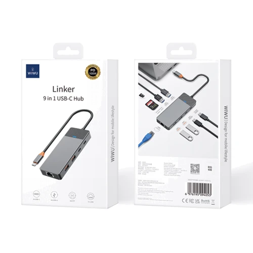 Адаптер WIWU Linker Adapter A923RPT USB-C to 2xUSB-C+2xUSB3.0+2xUSB2.0+SD+RJ45 Gray фото 5