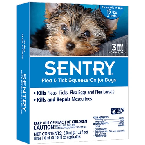 Капли на холку Sentry от блох, клещей и комаров для собак весом до 7 кг 1 мл 3 шт в упаковке (цена за 1 пипетку)