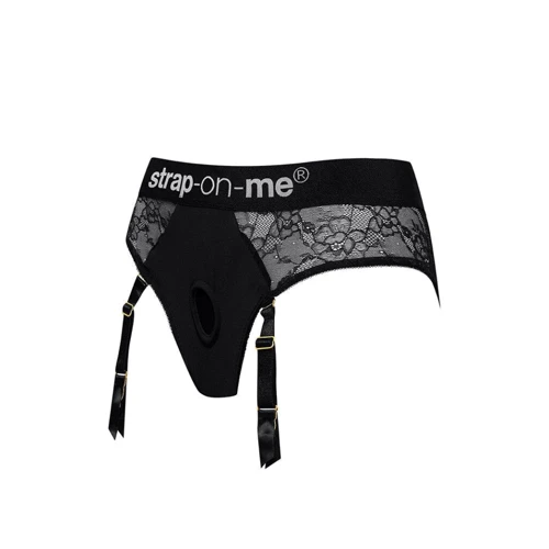 Кружевные трусы для страпона с подвязками для чулок Strap-On-Me DIVA HARNESS - M