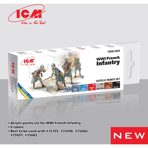 Набор красок ICM французской пехоты Первой мировой войны, 6 шт. (ICM3045)