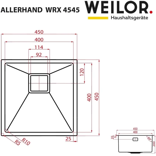 Weilor ALLERHAND WRX 4545: Габариты чаши (ШxГxВ), см 40/40/20