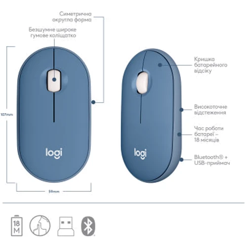 Мышь Logitech Pebble M350 Wireless Blueberry (910-006753): Радиус действия 10 м
