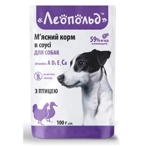 

Влажный корм для собак Леопольд Мясной корм в соусе с птицей 100 г х 24 шт. (4820185491839-24)
