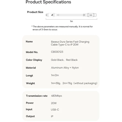 Кабель Baseus Cable USB-C to Lightning Dura Series 20W 1m Black/Gold (P10377800U01-00) фото 16