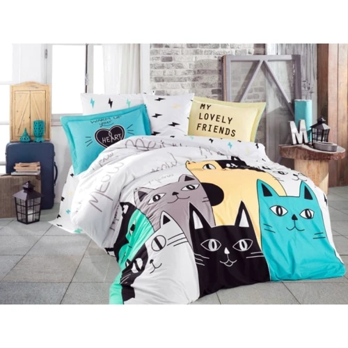 Комплект постільної білизни Hobby Poplin Love Cats поплін полуторний жовтий (45115_1,5)