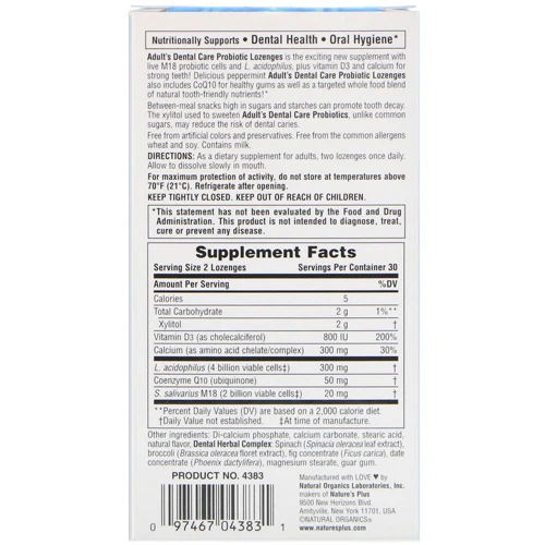 Nature's Plus, Adult's Dental Care Probiotic, Natural Peppermint Flavor, 60 Lozenges (NAP-04383): Форма выпуска Таблетки для рассасывания