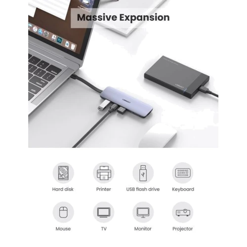 Адаптер Ugreen Adapter CM285 USB-C to HDMI+3xUSB3.0+USB-C Space Gray (70408): Интерфейс подключения USB-C