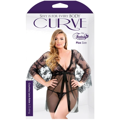 Черный пеньюар с кружевом и стринги Fantasy Lingerie, XL/XXL