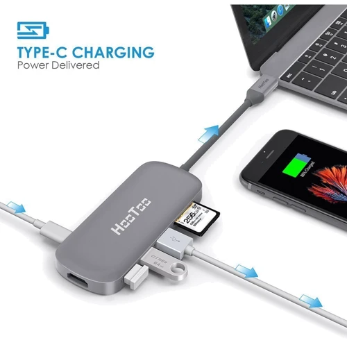 Адаптер HooToo Shuttle USB-C to USB-C+HDMI+3xUSB 3.0+SD Hub Space Grey (HT-UC001-SG): Додаткові роз'єми SD+TF Card, USB OTG, HDMI, USB-C