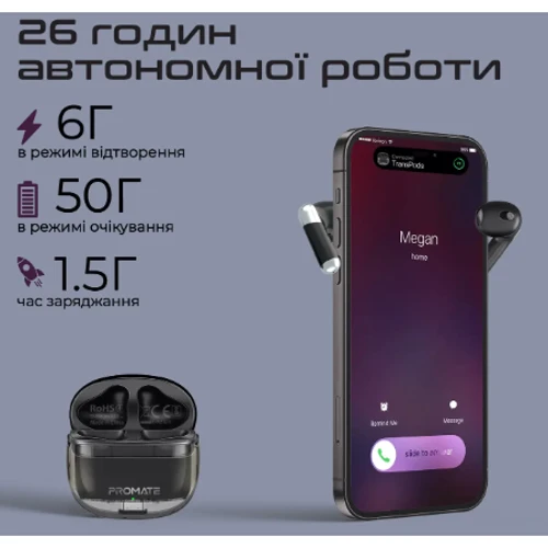 Навушники Promate TransPods Black (transpods.black): Час роботи, ч 6