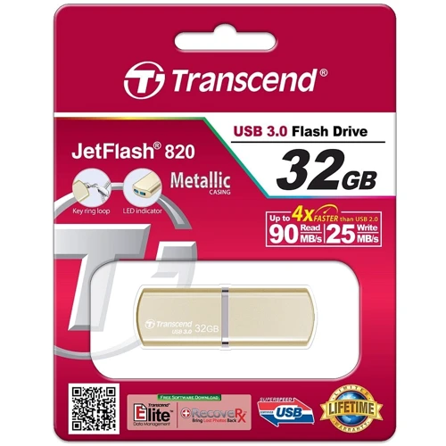USB-флешка Transcend 32GB JetFlash 820 USB 3.0 Gold Plating (TS32GJF820G): Максимальна швидкість читання, МБ / с 90