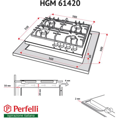 Варочная поверхность газовая Perfelli HGM 61420 IV: Расположение панели Спереди справа