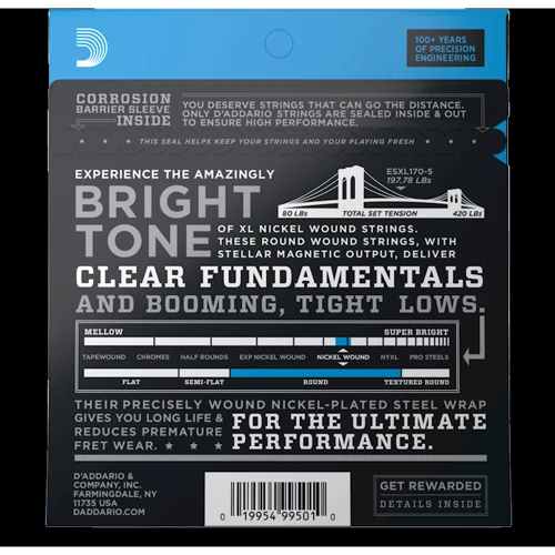 Струна для гитар Комплект струн D'addario EXL170-5 XL Nickel Wound Bass Regular Light 5-String (45-130): Назначение Для бас-гитары