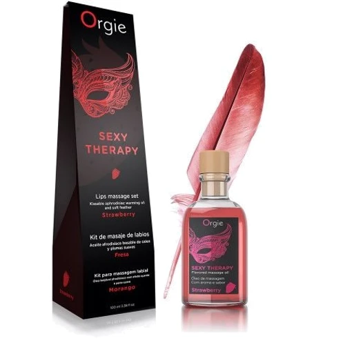 Набор для массажа Orgie – Sexy Therapy Strawberry (100 мл), съедобное разогревающее масло + перышко