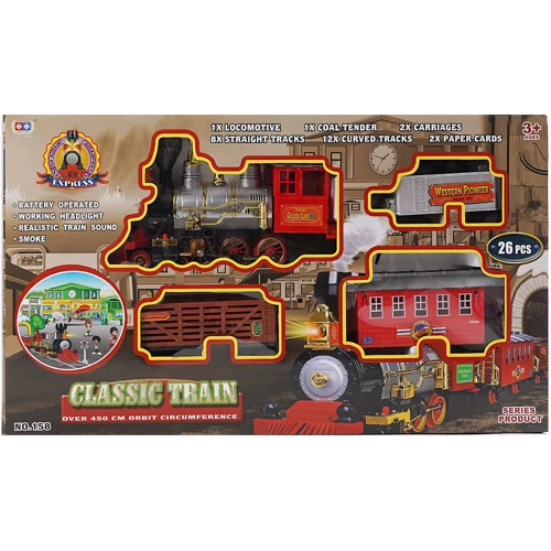 Железная дорога: 26 элементов, свет, звук, парогенератор, длина рельсов 450 см, 3 вагона (158)