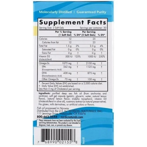 Nordic Naturals Ultimate Omega 2X 2150 mg Рыбий жир с витамином D со вкусом лимона 60 гелевых капсул: Тип Омега 3