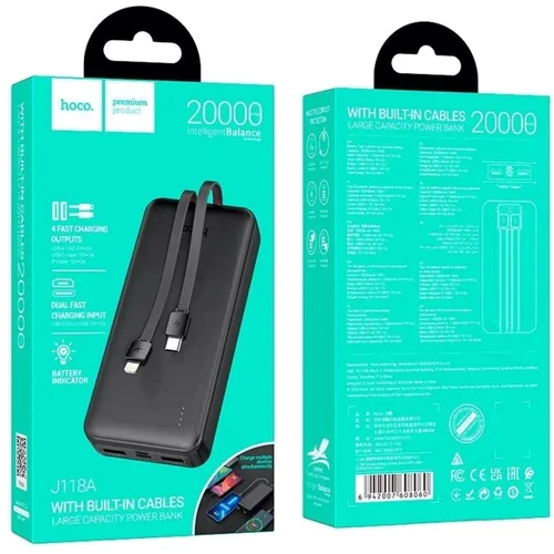 Внешний аккумулятор Hoco Power Bank 20000mAh J118A with Cable Black: Тип батареи Литий-полимерные