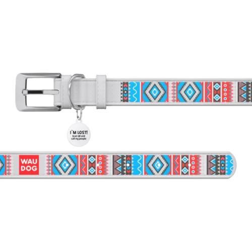 Ошейник WAUDOG Design с рисунком "Этно" с QR паспортом 35 мм 46-59 см белый (377715): Цвет белый
