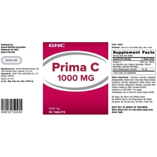 GNC Prima C 1000 mg Вітамін С 90 таблеток: Тип вітамін C