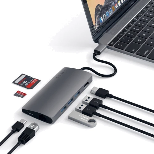 Адаптер Satechi Adapter USB-C to USB-C+RJ45+HDMI+3xUSB3.0 Space Grey (ST-TCMA2M): Додаткові роз'єми USB OTG, HDMI, Ethernet, USB-C
