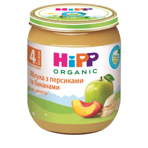 Пюре HIPP бананы и персики в яблочное пюре, 125г (9062300134244)