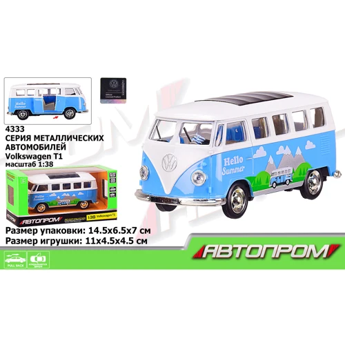 Автобус метал 4333 АВТОПРОМ, 1:38 Volkswagen T1, синій колір, откр.двері, 14,5x6,5x7см: Виробник АВТОПРОМ