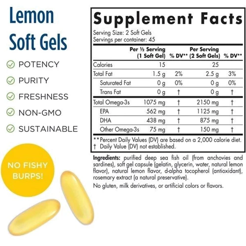 Nordic Naturals Ultimate Omega 2X Lemon flavour 2150 mg Риб'ячий жир зі смаком лимона 90 гелевих капсул: Тип Омега 3