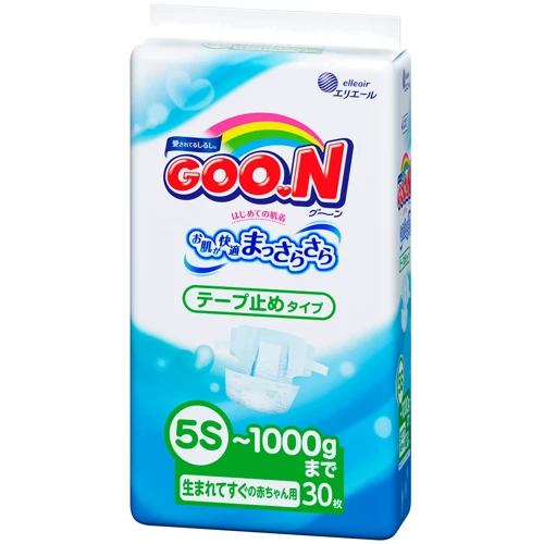 Підгузки GOO.N для маловесних новонароджених до 1 кг (р. SSSSS, плоскі, унісекс, 30 шт) (753864): Тип Підгузки